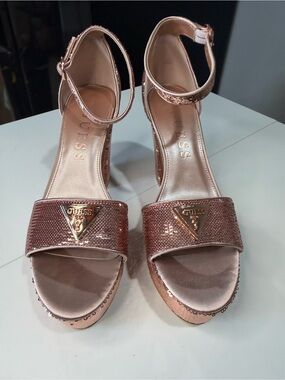 GUESS Rose Gold Sequin Ankle-Strap Platform Heels